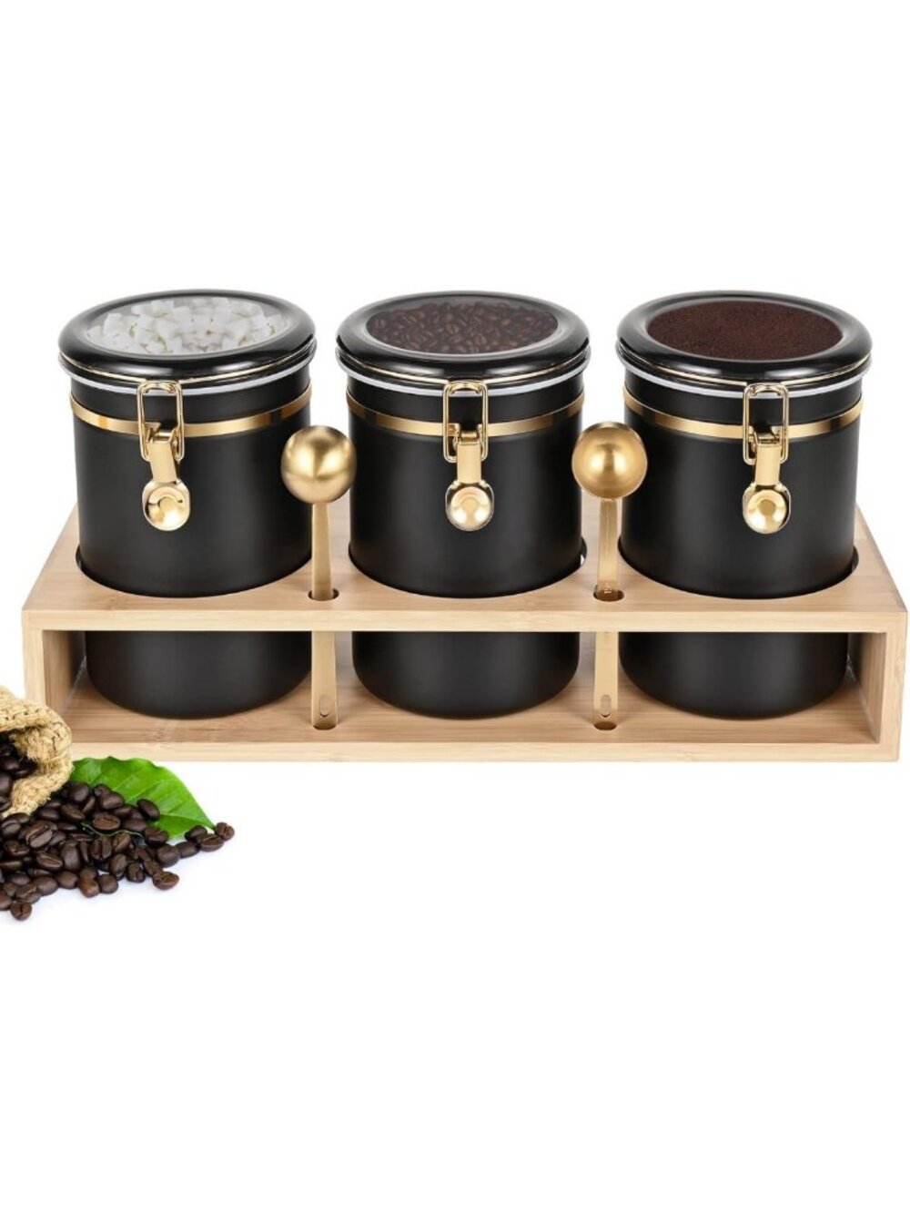 3×63OZ Stainless Steel Coffee Canister Set with Shelf & Scoop for Coffee Lovers
